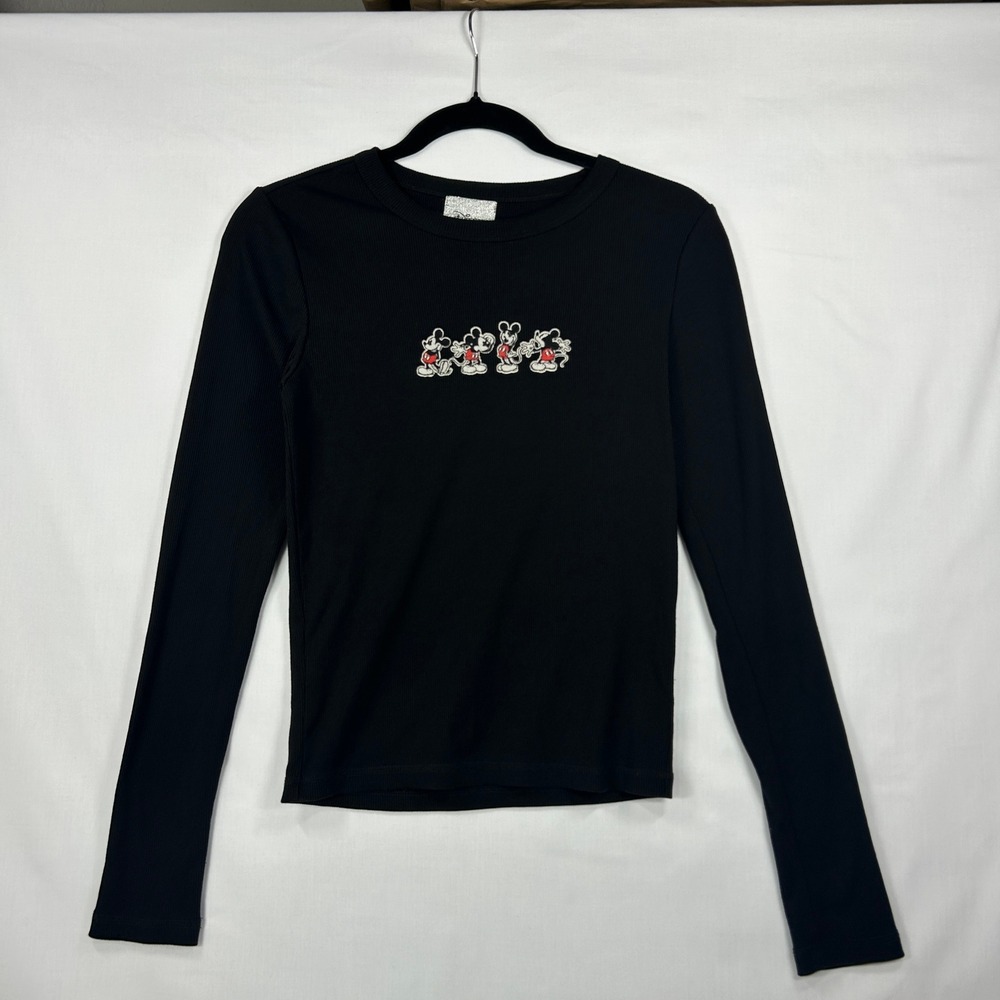 Disney x Forever 21 Mickey Mouse Black Long-Sleeve Ribbed Top Graphic Tee Size S